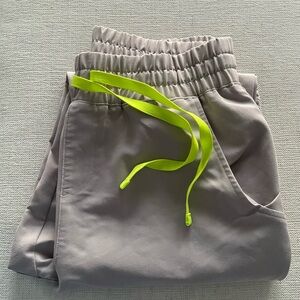 FIGS Zamora Highwaist Light Taupe Joggers with Neon Yellow Drawstring